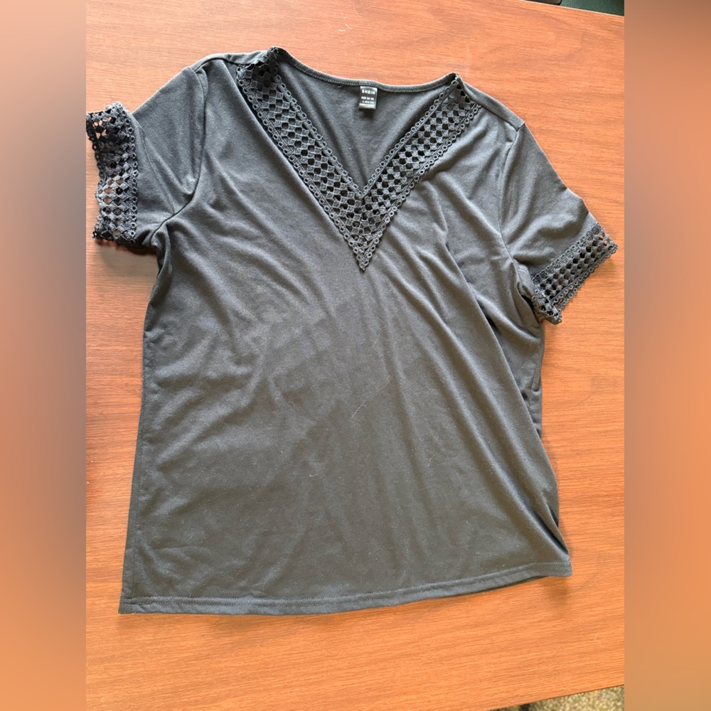 Black Crochet Trim V-Neck Top